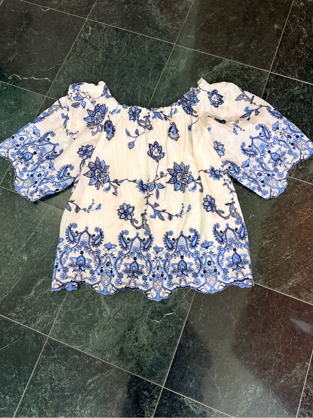 Parker White Off-Shoulder Top with Blue Floral Embroidery